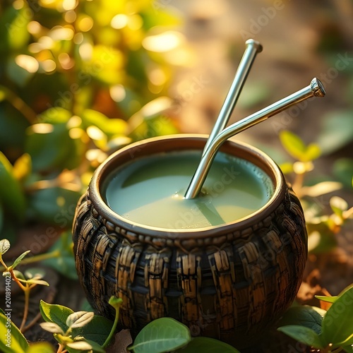 Yerba Mate, a traditional South American infused drink made from Ilex paraguariensis leaves, served in a dried calabash gourd with a metal bombilla straw.