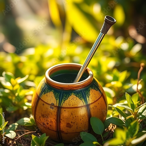 Yerba Mate, a traditional South American infused drink made from Ilex paraguariensis leaves, served in a dried calabash gourd with a metal bombilla straw.