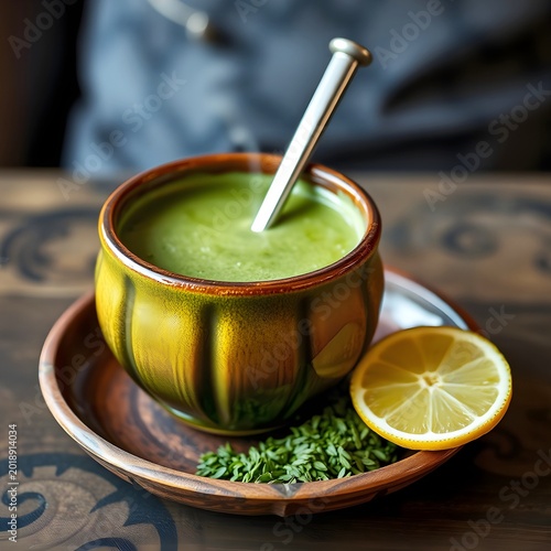 Yerba Mate, a traditional South American infused drink made from Ilex paraguariensis leaves, served in a dried calabash gourd with a metal bombilla straw.