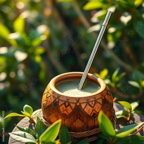 Yerba Mate, a traditional South American infused drink made from Ilex paraguariensis leaves, served in a dried calabash gourd with a metal bombilla straw.