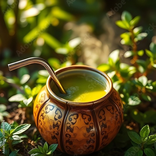 Yerba Mate, a traditional South American infused drink made from Ilex paraguariensis leaves, served in a dried calabash gourd with a metal bombilla straw.