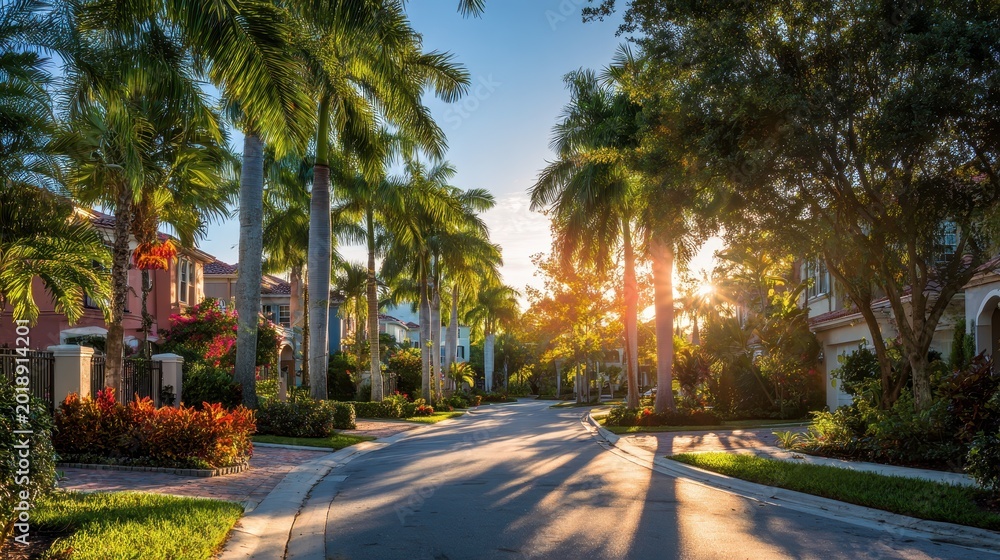 Naklejka premium South Florida gated community homes with palm-lined street at golden hour