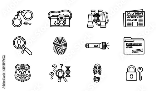 Detective investigation icons vector handcuffs camera mystery crime set