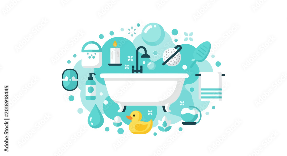 Fototapeta premium Bathtub and Spa Accessories Flat Vector Illustration - Relaxation and Hygiene Concept