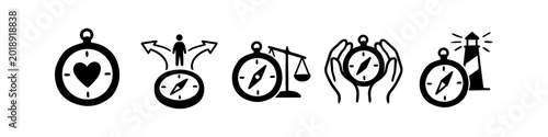 Foto Set of minimalist black icons representing moral compass, ethics, and direction