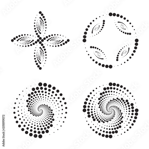 Halftone dot spiral and floral shapes vector set