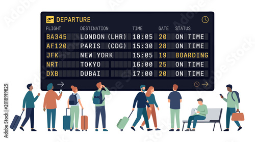 Airport departure board and passengers, Minimalist 2d flat illustration style,  on a white background