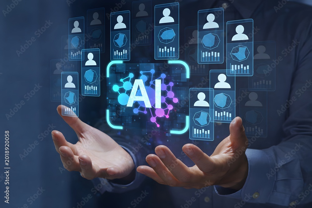 Naklejka premium AI-powered HR evaluation and performance appraisal. Automated review of assessment scores. Businessperson holding artificial Intelligence icons and charts.