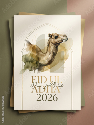 Professional Eid al-Adha 2026 greeting banner featuring an artistic camel illustration, elegant Arabic calligraphy, and traditional crescent moons.
