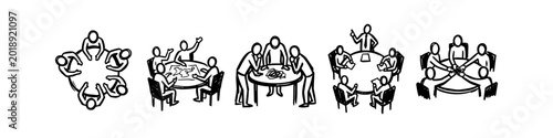 Set of hand-drawn business meeting icons showing people collaborating around round tables. Sketchy black and white line art perfect for teamwork, brainstorming, and leadership concepts.