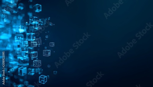 Futuristic ai technology background with floating transparent holographic cubes and glowing blue digital elements on dark gradient