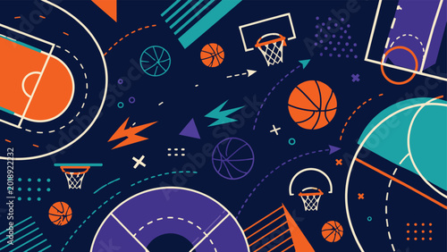 Abstract futuristic sports background with geometric shapes, dynamic motion elements, and modern colorful vector design