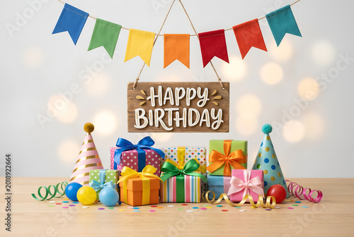 Warm birthday scene with happy birthday wooden sign, stacked gifts, party hats, and festive decor. Bright and celebratory.