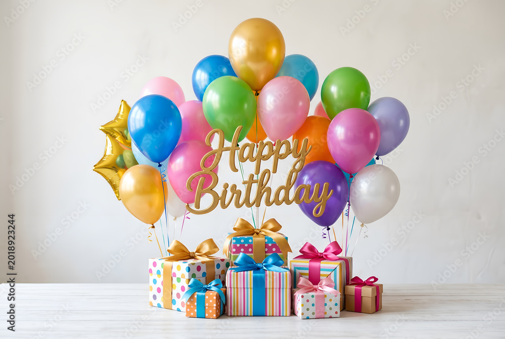 Fototapeta premium Happy birthday celebration. Colorful balloons, gift boxes, confetti. Festive, surprise, joy, fun for event.