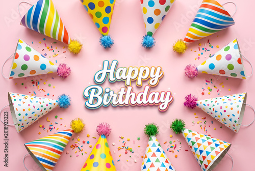 Happy birthday celebration. Party hats, confetti, pink background. Festive, joyful, vibrant fun, surprise, gifts.