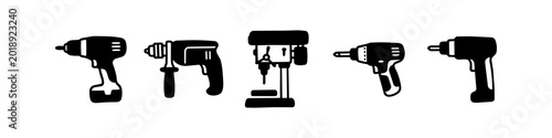 Fotografija Hand-drawn collection of power drill icons, including cordless drills, a hammer drill, and a drill press