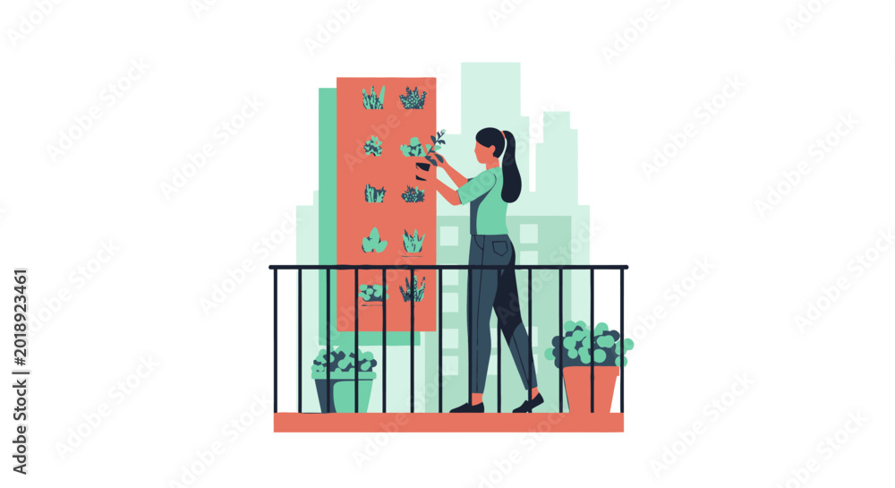 Obraz premium Woman Tending to Vertical Garden on Urban Balcony Flat Vector Illustration