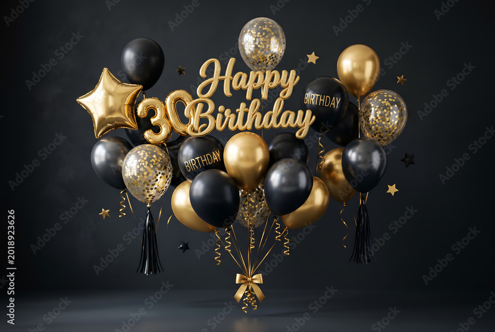 Fototapeta premium Happy birthday surprise, black gold balloons, number 30, confetti, luxury, party, celebration