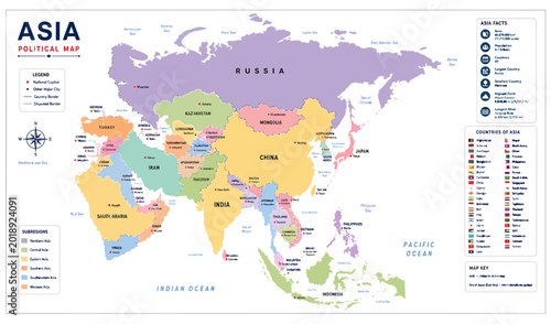 Obraz na plátně Detailed political map of the continent of Asia featuring national borders count
