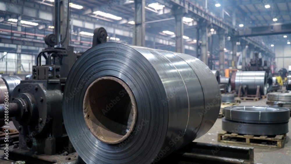 Fototapeta premium Steel coil roll on production floor inside industrial factory