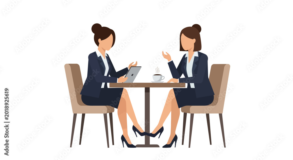 Obraz premium Businesswomen Having a Meeting in a Cafe with Tablet, Flat Vector Illustration
