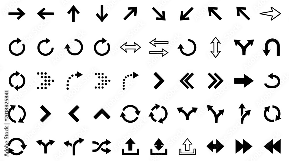 Fototapeta premium Arrows navigation icons set with black vector symbols for direction, traffic flow, and UI signage layouts