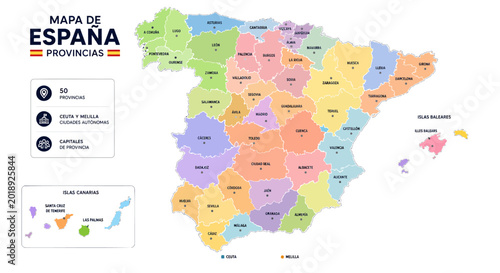 Tableau sur toile Detailed colorful political map of spain showing all provinces with their respec