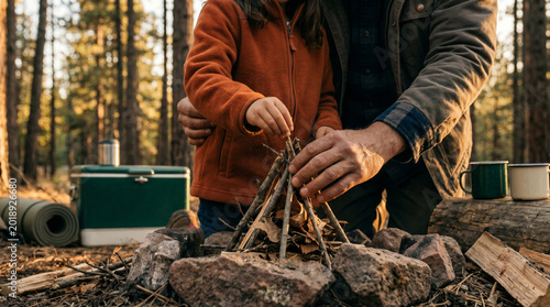 A heartwarming Father's day moment a child and father bonding over building a crackling campfire in the tranquil wilderness, celebrating family connection and outdoor skills