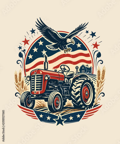 Classic red farm tractor with an American bald eagle flying proudly above a patriotic flag vintage retro usa  patriotic t-shirt design
