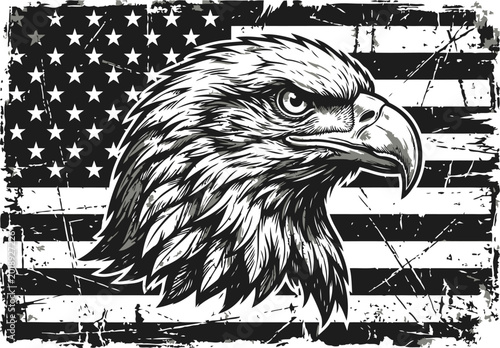 American Bald Eagle Head Illustration on Distressed Grunge USA Flag Background, Scalable Vector Art
