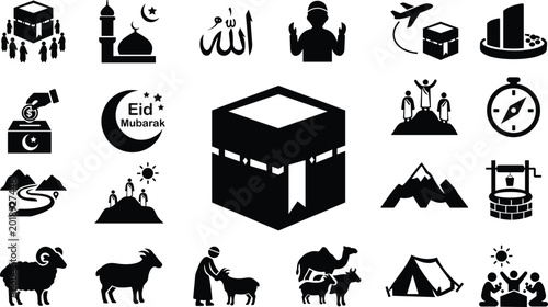 Cuadro en lienzo Hajj and Eid ul Adha Islamic icon set Muslim pilgrimage and sacrifice festival v