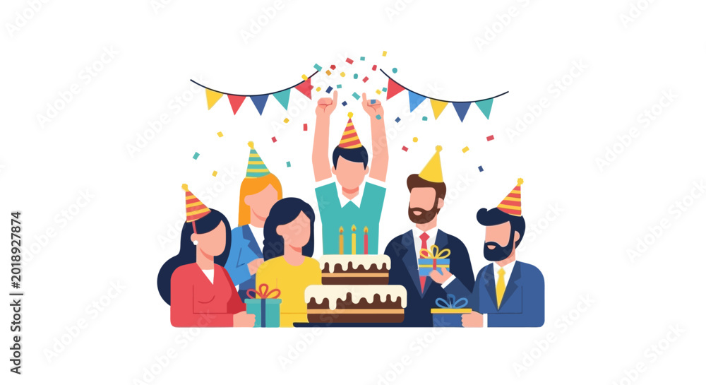 Fototapeta premium Corporate Office Birthday Party Celebration with Diverse Team, Cake, and Gifts Flat Vector Illustration