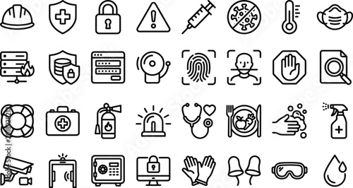 Safety and security icon set healthcare construction surveillance and protection symbols