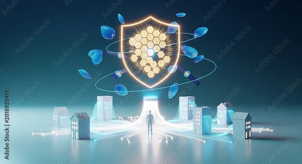 Fototapeta premium Futuristic cityscape with glowing shield and honeycomb pattern protection