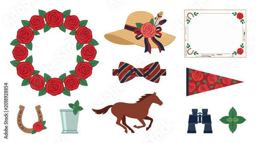 Horse racing derby themed vector illustrations and icons collection for sports event invitation poster and banner design.