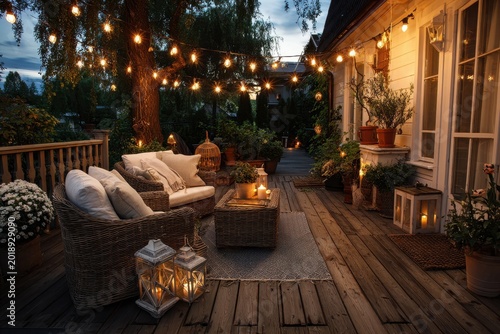 Suburban terrace scene at dusk featuring wicker lounge set and ambient lighting