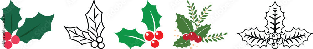 Fototapeta premium Holly berry icons set, Chritmas logo wirh holly berries.Christmas holly berry flat vector illustration icons set ,Cartoon holly leaves and berries.A simple illustration of holly leaves and berries
