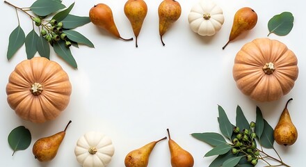 Autumn flat lay frame with white pumpkins brown pears and eucalyptus on white background