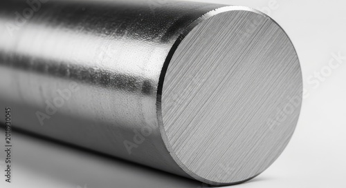 Close up of a solid round rolled steel bar showing detailed industrial lamination texture and metallic sheen from a side angle view, texture, part, metal