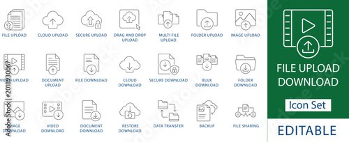 Fényképezés file upload and download icon set: professional cloud data transfer, secure docu