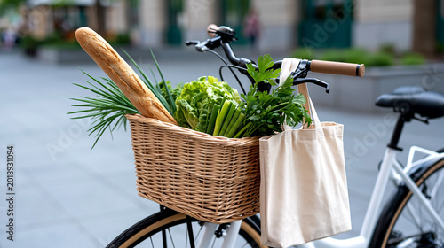 Stylish city bicycle parked near a local market with a wicker basket filled with fresh vegetables and a baguette, showcasing urban lifestyle and sustainable transport