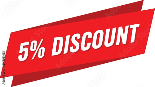 Red 5 Percent Discount Banner for Promotions, Sales, and Special Offers on White Background