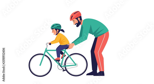 Father Helping Young Daughter Learn to Ride a Bicycle Flat Vector Illustration Isolated on White