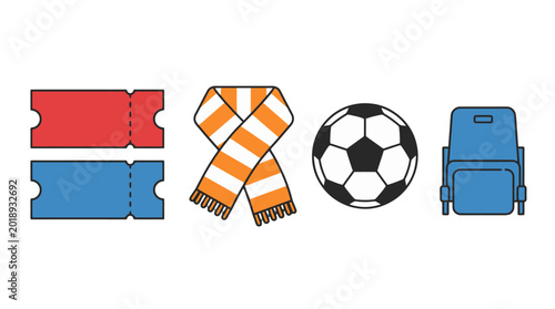 Football fan vector icon set with tickets scarf soccer ball and backpack for match day sports and supporter design.