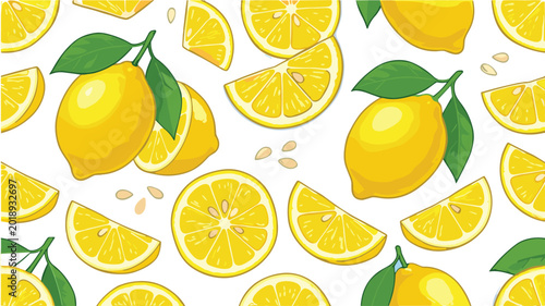 Seamless lemon fruit pattern vector illustration with citrus slices and green leaves for summer textile and food packaging design