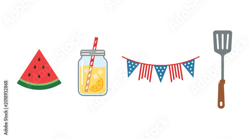 Patriotic summer picnic and barbecue celebration vector icon set for holiday outdoor party and seasonal design.