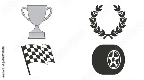 Racing vector icon set with trophy wreath flag and wheel for motorsport competition and award design.