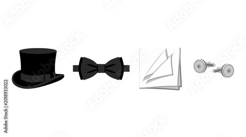 Elegant men's formal wear accessories vector set with top hat bow tie pocket square and cufflinks for wedding and fashion design.