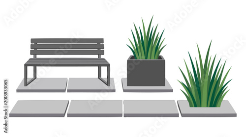 Modern garden elements vector illustration with wooden bench and potted plants for outdoor landscape and patio design.