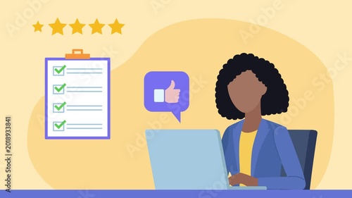 Business woman working on laptop and completing a survey. Checklist with completed fields. All responses marked in green, thumbs up, and five stars. Flat design style animation